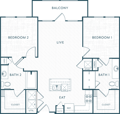 A floor plan of a home with two bedrooms, a live area, a bathroom, a closet, and an eat area.
